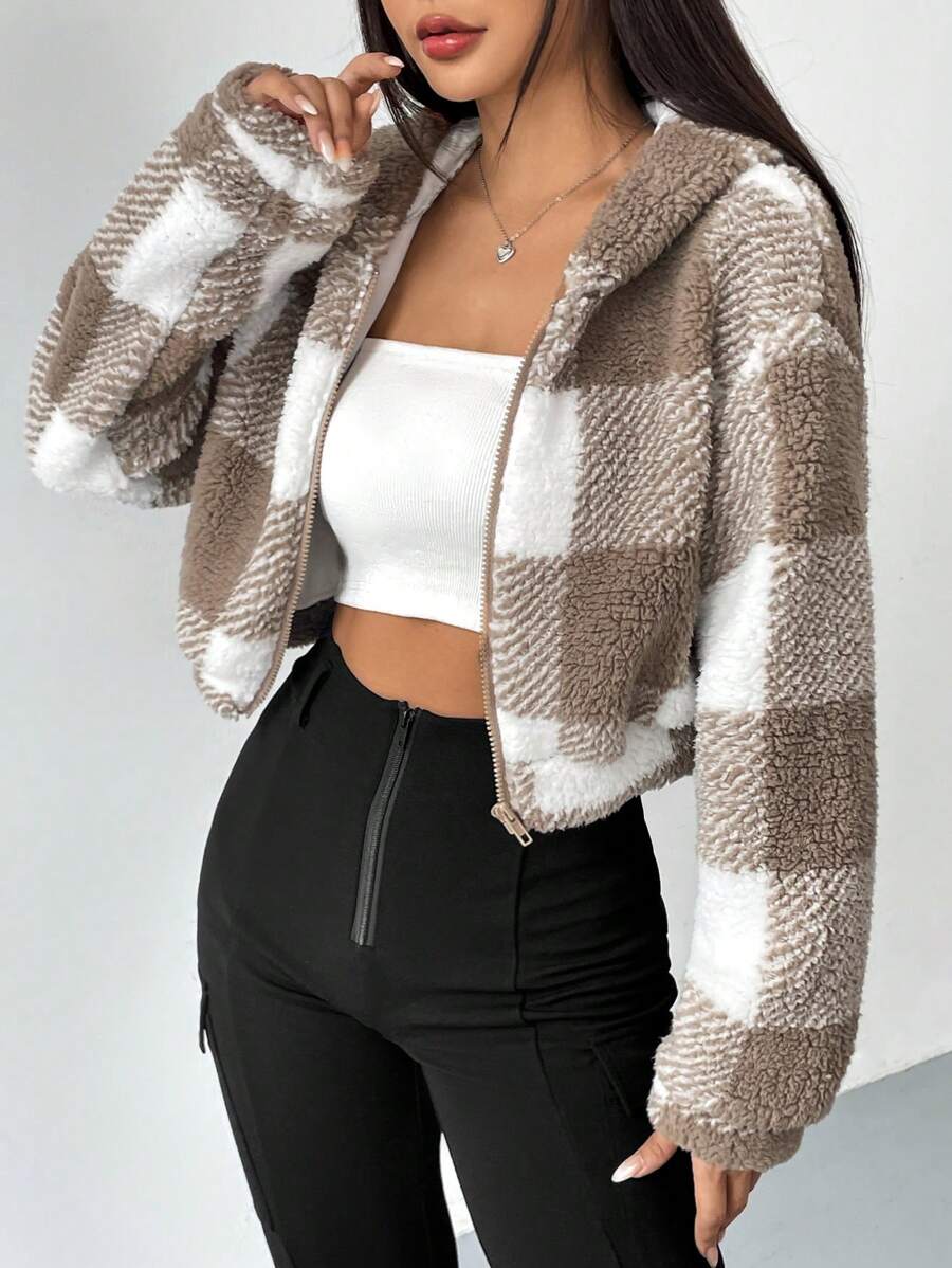 SHEIN EZwear Họa tiết kẻ sọc trâu Thả vai áo có mũ Áo Teddy Jackets - Màu Khaki - Xem 1