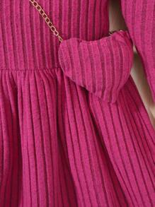 女大童高領羊腿袖羅紋針織洋裝和包 - 玫紅色 - 查看 5