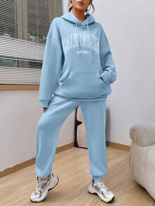 SHEIN Unity Letter Graphic Drop Shoulder Drawstring Hoodie & Sweatpants - Blue - View 4