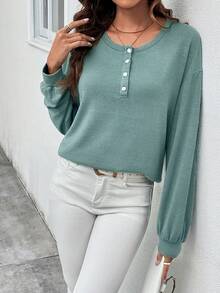 SHEIN LUNE Half Button Drop Shoulder Tee - Green - View 3
