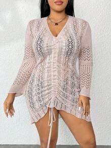 Flirla Plus Áo len dệt kim có dây rút phía trước Pointelle không có nội y - Màu be - Xem 4