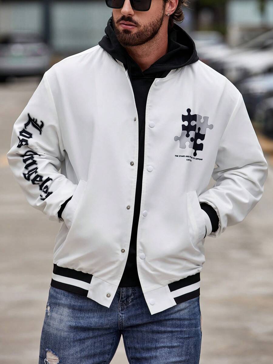 Manfinity Homme Loose Fit Men's Slogan Graphic Striped Trim Bomber Jacket Without Hood - White - View 1