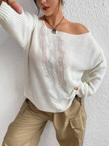 Flirla Pull tricoté à mailles côtelées avec épaules tombantes, pull-over tricoté pour l'automne et l'hiver - Blanc - Voir 6