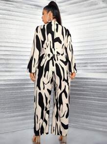 Celure 大碼滿版印花燈籠袖闊腿連體褲 - 卡其色 - 查看 2