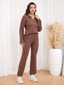 Seusyu 落肩袖套頭毛衣和針織褲 - 駝色 - 查看 4