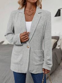 SHEIN Clasi Lapel Neck Dual Pocket Open Front Blazer - Grey - View 4