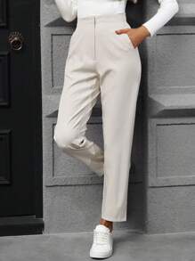 SHEIN LUNE 收口休閒時尚通勤基本拉鍊和鈕扣飛行短褲 - 卡其色 - 查看 5