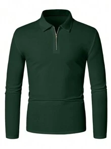 Manfinity Homme Men Quarter Zipper Long Sleeve Polo Shirt, Fall - Dark Green - View 3