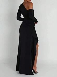 Asymmetric Neckline High Slit Dress, Sexy For Wedding, Birthday, Club, Fall Back To School, Christmas, Country Music Concert - Black - View 6