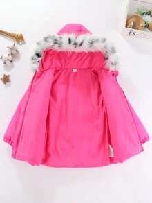SHEIN Young Girl Fuzzy Trim Hooded Belted Padded Coat - Hot Pink - View 3