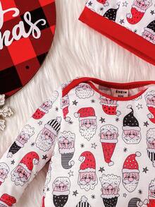 SHEIN Baby Boy Christmas Print Bodysuit & Buffalo Plaid Pants & Hat - Red - View 7