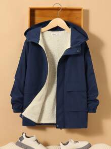 SHEIN 小男童字母圖案翻蓋口袋連帽外套 - 寶藍色 - 查看 6