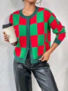 SHEIN Essnce Mô hình bàn cờ Thả vai Áo len Mở - Nhiều màu - Xem 5