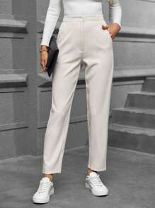 SHEIN LUNE 收口休閒時尚通勤基本拉鍊和鈕扣飛行短褲 - 卡其色 - 查看 3