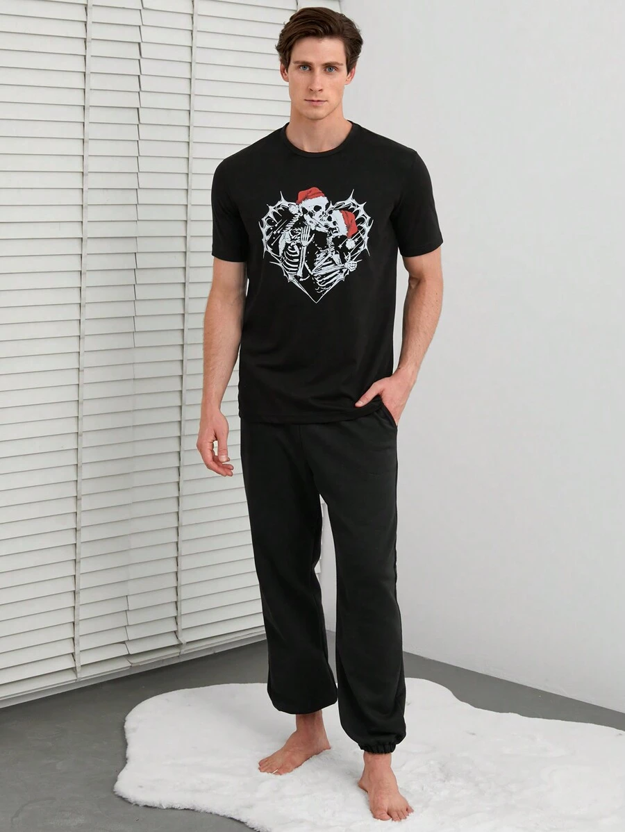 RueChic Men Skeleton Print Lounge Set - Black - View 1
