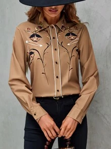 SHEIN Clasi Floral Print Contrast Piping Shirt - Khaki - View 5