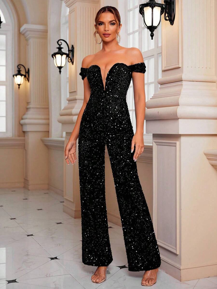 LOVE&LEMONADE Off Shoulder Sequin Wide Leg Party Jumpsuit - Black - View 1
