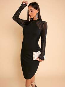 SHEIN 孕婦小高領網紗拼接緊身洋裝 - 黑色 - 查看 5