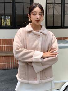DAZY 雙口袋落肩袖毛絨內襯外套 - 杏色 - 查看 4