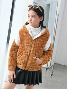 SHEIN Tween Girl Two Tone Drop Shoulder Hooded Teddy Jacket - Coffee Brown - View 6