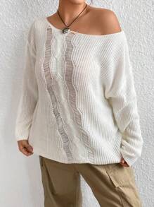 Flirla Pull tricoté à mailles côtelées avec épaules tombantes, pull-over tricoté pour l'automne et l'hiver - Blanc - Voir 4