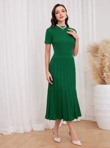 Modelyn Solid Sweater & Pleated Knit Skirt - Green - View 1