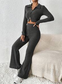 SHEIN PETITE Đồ đan Ribbed Áo phông Crop & Quần ống loe - Màu xám đen - Xem 5