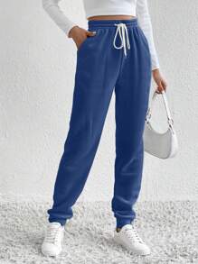 SHEIN Tall Drawstring Waist Slant Pocket Sweatpants - Navy Blue - View 1