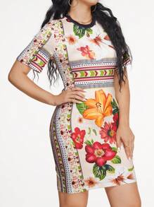 SHEIN Unity Floral Print Bodycon Dress - Champagne - View 4