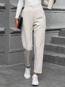 SHEIN LUNE 收口休閒時尚通勤基本拉鍊和鈕扣飛行短褲 - 卡其色 - 查看 4