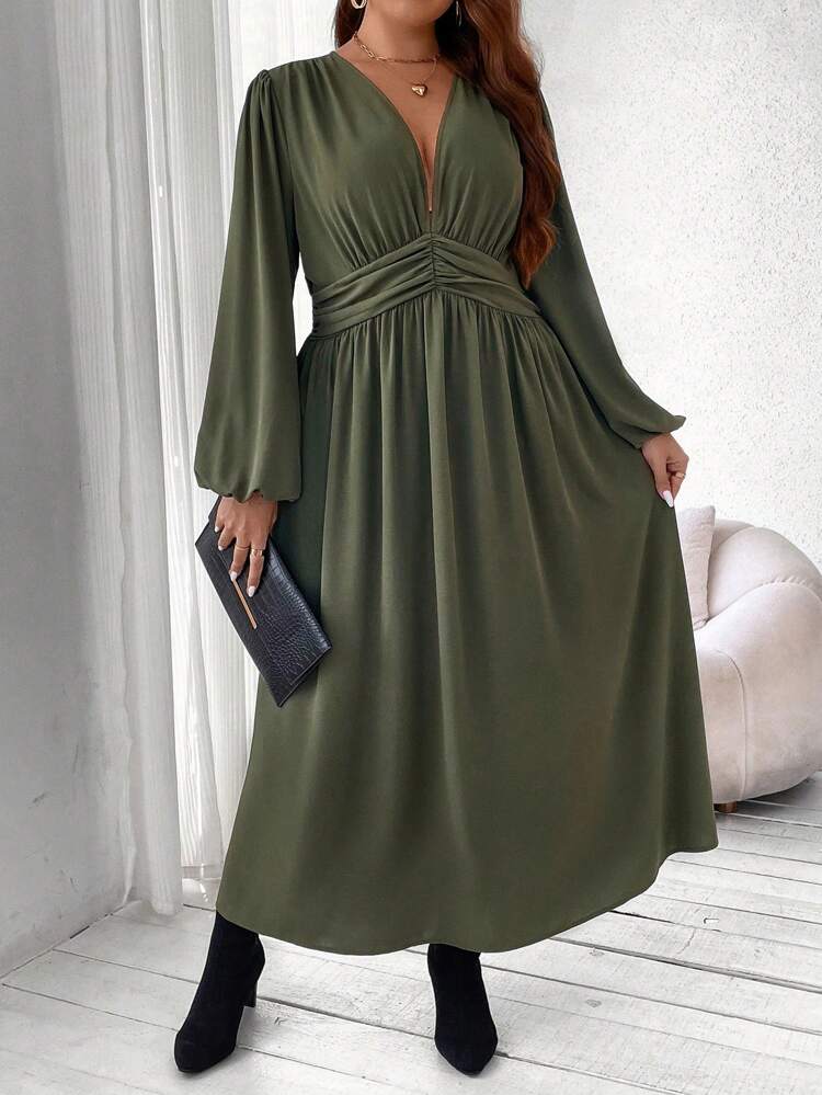 Plus Plunging Neck Lantern Sleeve Ruched Waist Dress Women Outfit