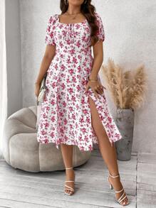 SHEIN Clasi 大碼波西米亞高衩 前綁帶蝴蝶結 胸部褶皺小碎花連衣裙 - 紅白色 - 查看 6