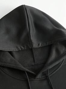 加大码万圣节印花袋鼠口袋抽绳卫衣 - 黑色 - 查看 4