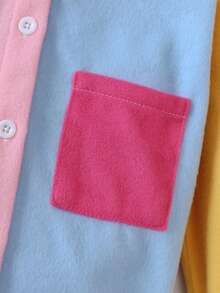 SHEIN Young Girl Colorblock Patched Pocket Overcoat - Multicolor - View 6