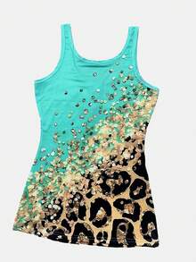 Women Contrast Leopard Print Tank Top - Mint Green - View 2