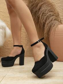 女式高跟鞋,女士黑色絨面圓頭時尚高防水平台粗跟高跟單鞋 - 黑色 - 查看 5