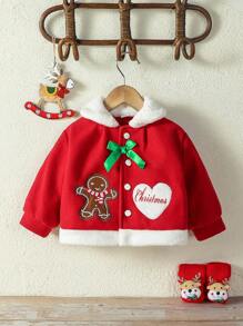 Baby Girl Heart & Gingerbread Man Embroidery Bow Front Thermal Lined Coat