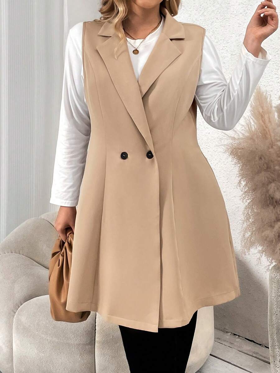 SHEIN Franclia Talla grande Abrigo chaleco de cuello con solapa con botones - Caqui - Ver 1