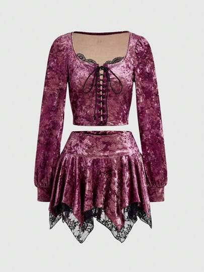 Band vorne, Crop Samt Top & asymmetrischem Saum, Rock mit