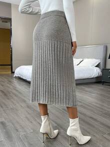 SHEIN Privé Falda de punto acanalado con muslo dividido y cintura alta - Gris Claro - Ver 2