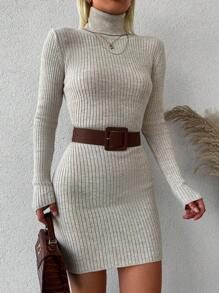 SHEIN Cottnline Turtleneck Ribbed Knit Turtleneck Sweater Dress Without Belt - Beige - View 4