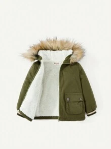 男婴毛绒装饰连帽泰迪熊衬里棉服外套