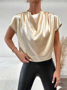 RueChic Draped Collar Batwing Sleeve Satin Blouse - Apricot - View 3