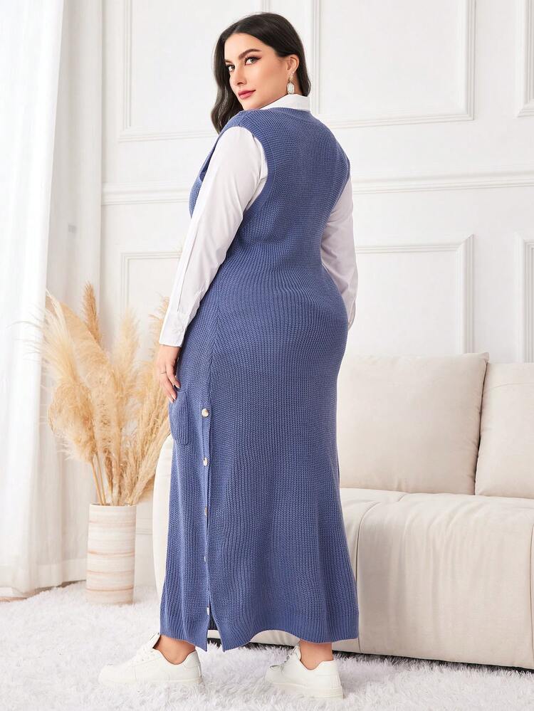 Plus 1pc Dual Pocket Split Hem Sleeveless Sweater Dress Without Belt