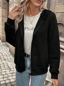 SHEIN Clasi 純色拉鍊連帽夾克 - 黑色 - 查看 4