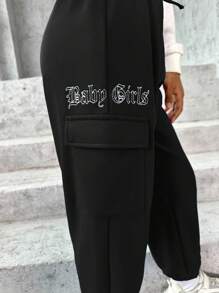 SHEIN Tween Girl Letter Graphic Flap Pocket Side Drawstring Waist Sweatpants - Black - View 6