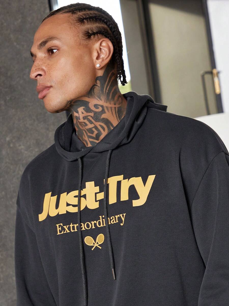 Manfinity VCAY 超大款男士字母图案抽绳连帽衫