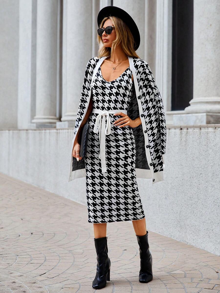 SHEIN Clasi Houndstooth Print Belted Dress & Button Front Coat - Hitam dan Putih - View 1