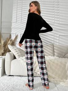 愛心和字母圖案T恤&格紋印花長褲睡衣套裝 - 黑色 - 查看 2