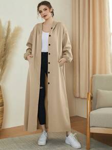 Mulvari Solid Bishop Sleeve Hooded Abaya - Apricot - View 1